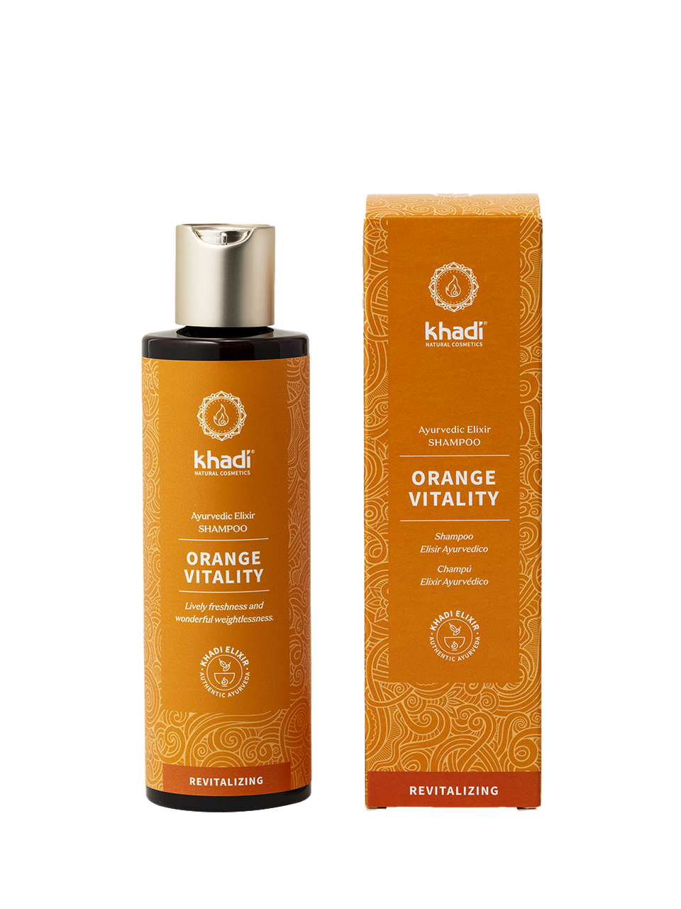front view of the Orange Vitality Shampoo packaging by khadi