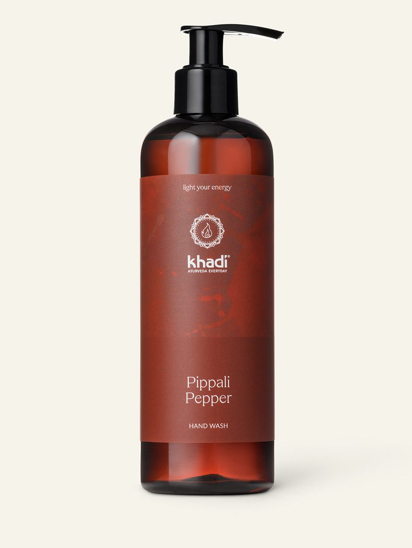 Front view of Khadi Pippali Pepper Hand Wash – vibrant packaging design