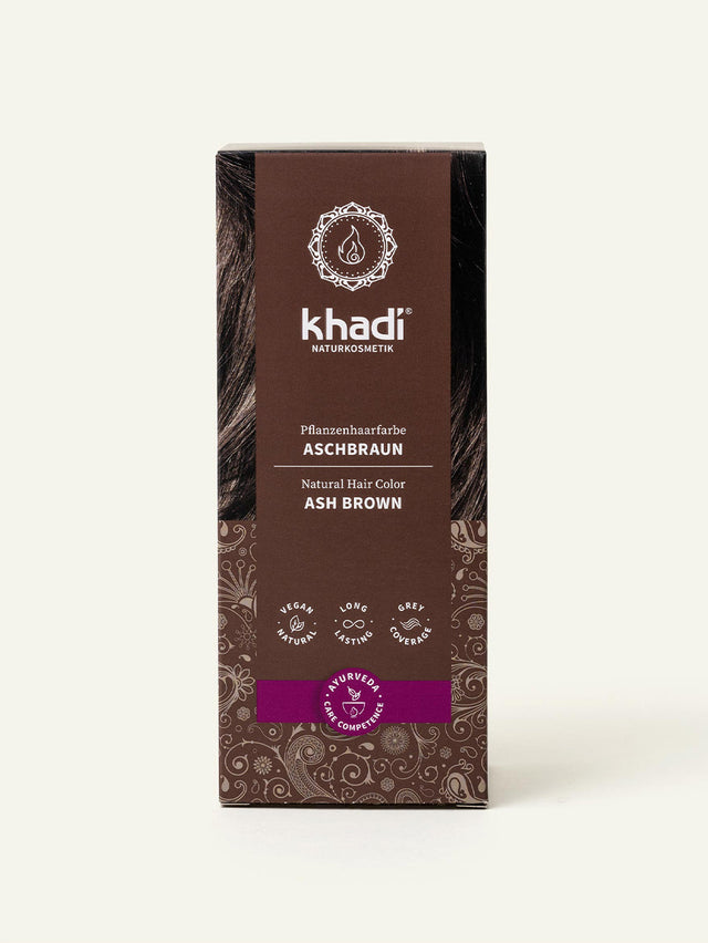 Packaging of khadi Ash Brown plant based hair color, front view