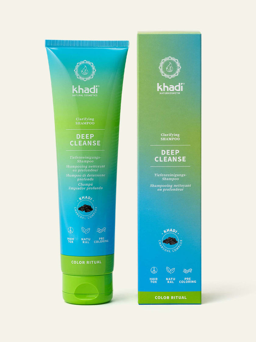 Packaging of deep cleanse natural shampoo by khadi